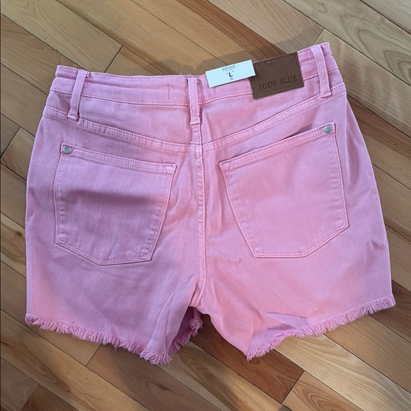 NWT Judy Blue Pink Jean Shorts Mid Rise Frayed Hem Size L - Picture 5 of 5